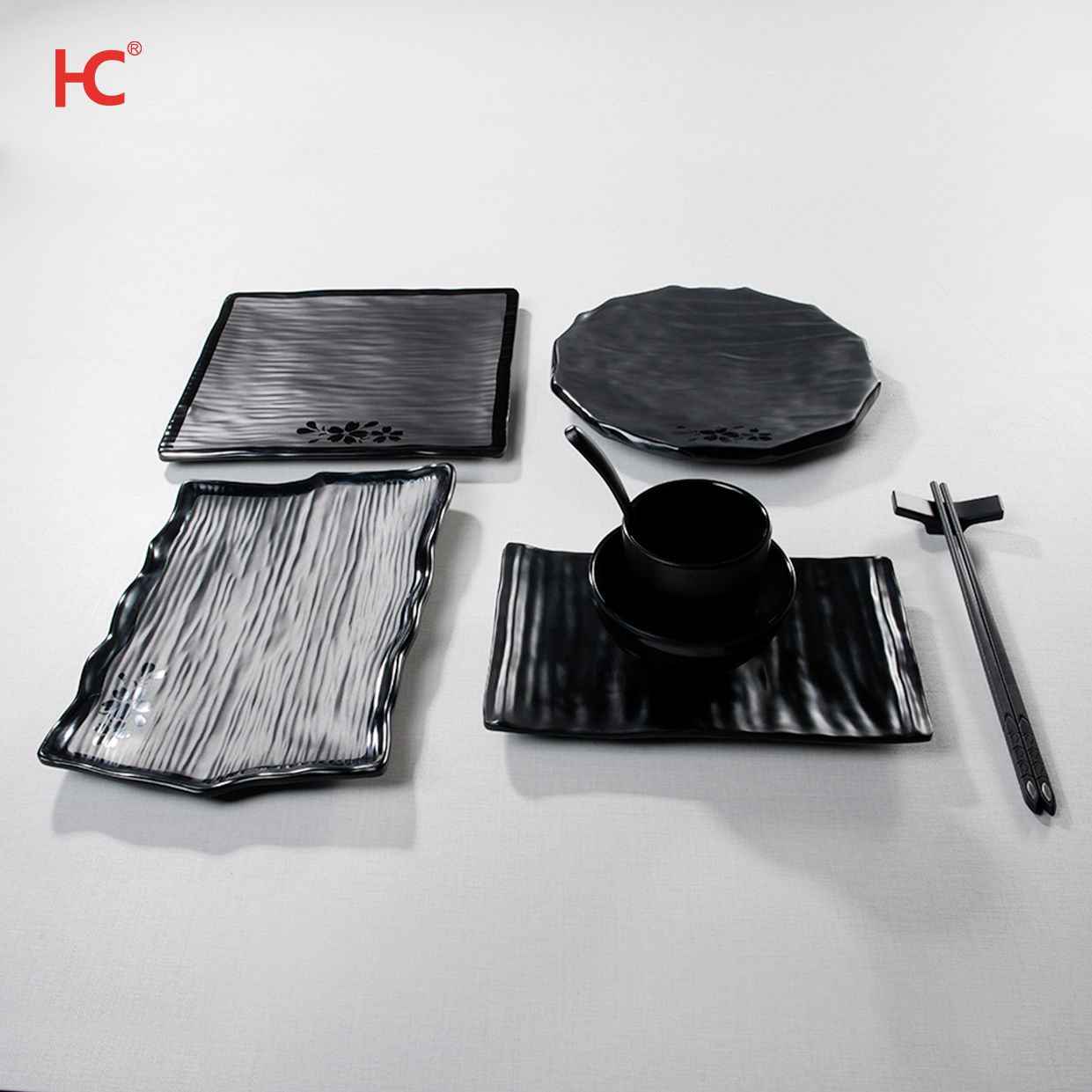 Japanese korean sushi luxury Sakura freestyle round restaurant tableware soup bowl square dinnerware set black melamine plates