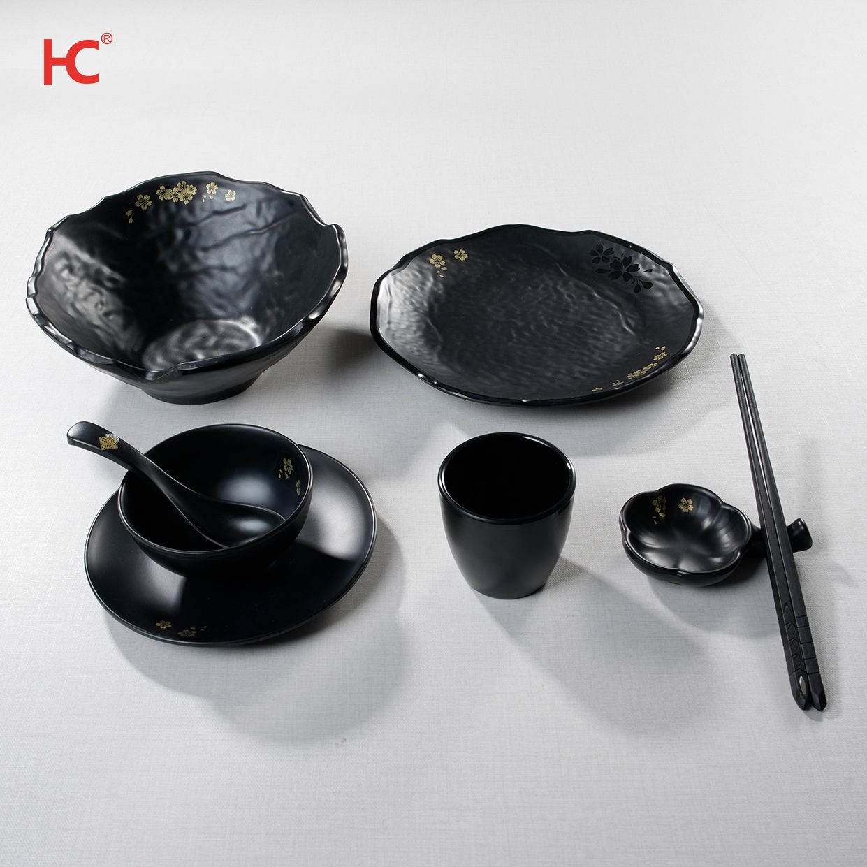 Japanese korean sushi luxury Sakura freestyle round restaurant tableware soup bowl square dinnerware set black melamine plates